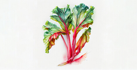Rhubarb. Watercolor on white paper background. Illustration of vegetables and greens 