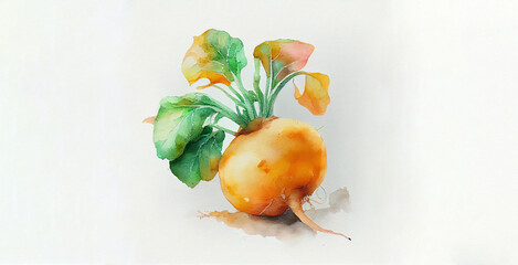 Swede. Watercolor on white paper background. Illustration of vegetables and greens