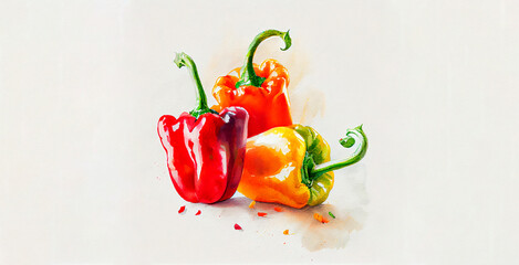 Sweet peppers. Watercolor on white paper background. Illustration of vegetables and greens 