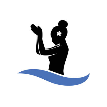 beach wave logo vector with Religious Balinese culture praying hand gesture girl woman female silhouette