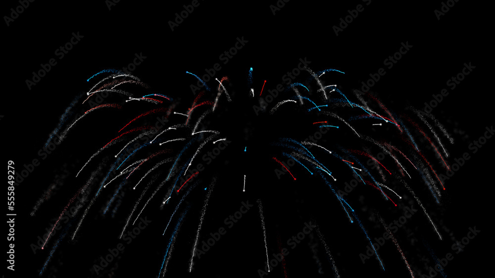 Poster fast multi-colored three-dimensional fireworks from smoking particles. festive concept. scientific m