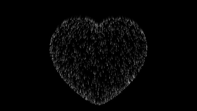 3D heart of a million spermatozoa shoots and gradually falls down on dark background. Figure of heart for holiday. Science concept. Monochrome educational picture. 3d render