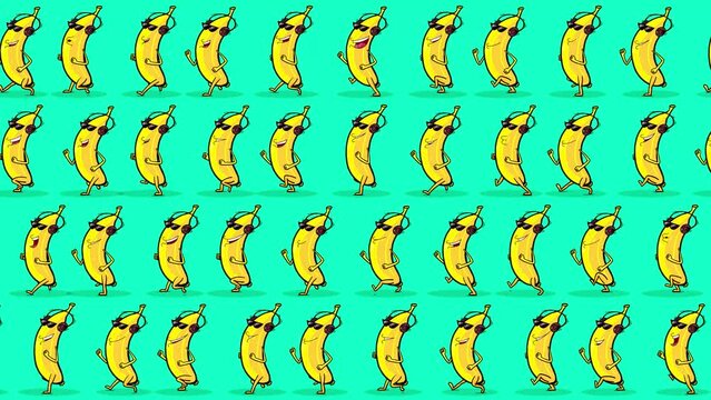 Bananas cartoon white characters wallpaper walking on blue background. Cute animation good as backdrop for intro, party, television programme, presentation, etc... Seamless loop.