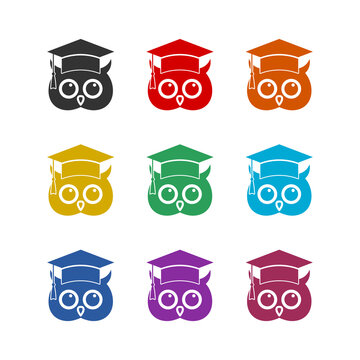 Owl graduation logo icon isolated on white background. Set icons colorful