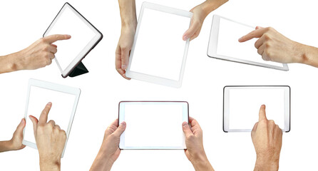 Hands holding tablet, isolated on white background. Human hands holding digital tablet with a white blank screen.  hands holding a tablet computer gadget with isolated screen.
