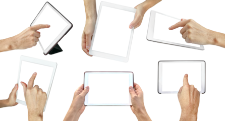 Hands holding tablet, isolated on white background. Human hands holding digital tablet with a white blank screen.  hands holding a tablet computer gadget with isolated screen.