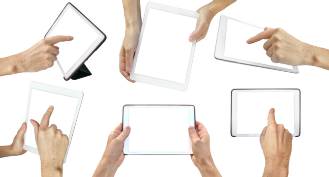 Hands holding tablet, isolated on white background. Human hands holding digital tablet with a white blank screen.  hands holding a tablet computer gadget with isolated screen.