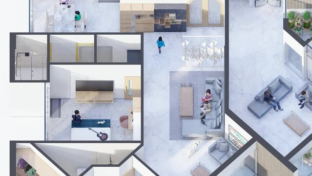 Animated Three bedroom family apartment isometric floor plan