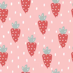Poster Seamless carrot pattern with carrots and white dots on a pink background. © Oratai