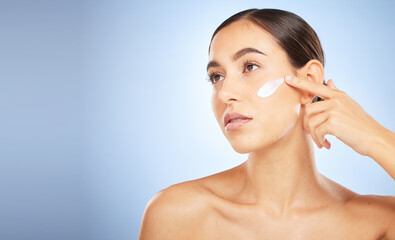 Woman, face and thinking for beauty cream application, skincare wellness and organic moisturizer...