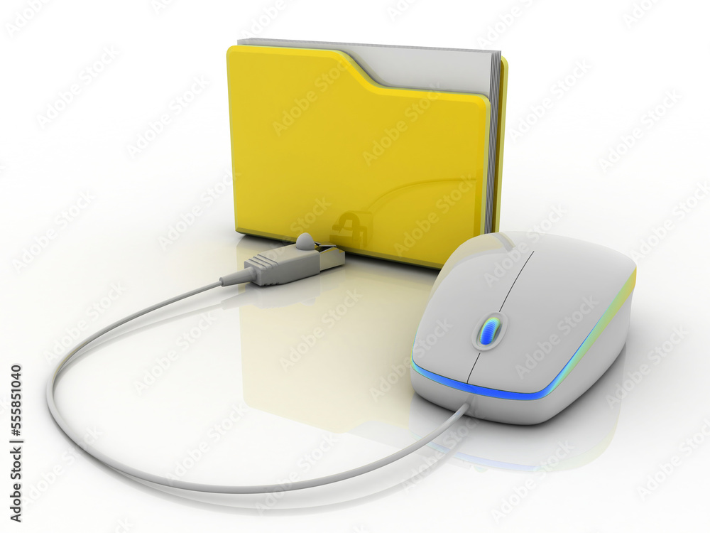 Poster 3d illustration folder with computer mouse. file storage concept