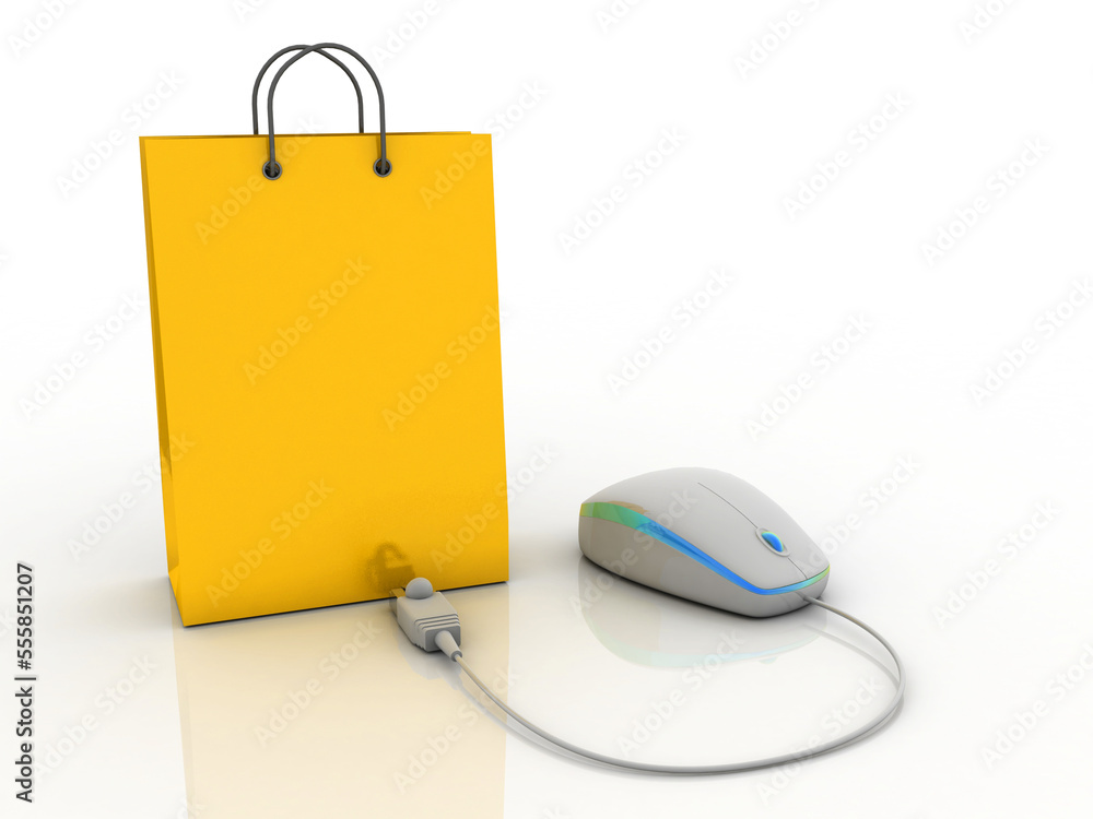 Poster 3d rendering e-shopping concept, shopping bag with computer mouse