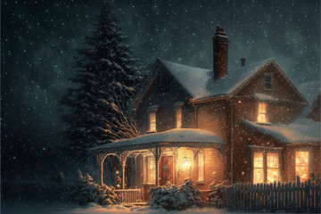 two story house amid snowy night (AI Generated)
