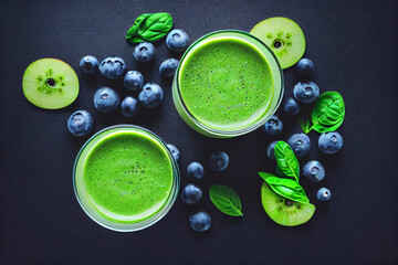 Smoothie with spinach, raspberry, blueberry, mango, kiwi and mint, generative AI