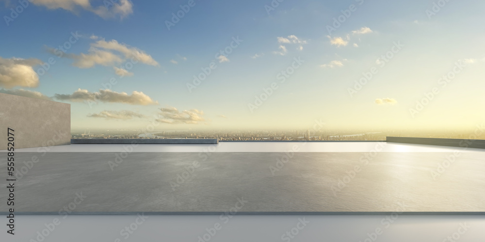 Poster 3d render of modern architecture with empty concrete floor, car presentation background.