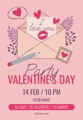 valentines day party poster on pink background with cute envelope illustration with note and declaration of love