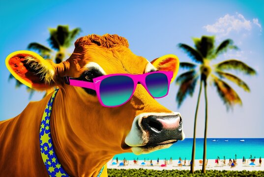 Cool Hippie Cow With Sunglasses Summer Vacation To Miami Beach.