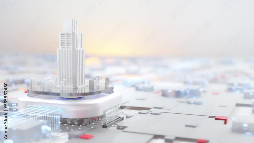 Poster smart city. building or city located on central processing unit, cpu. electron mobility animation li