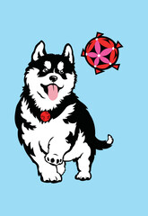 An energetic husky puppy running toward a ball thrown his way.