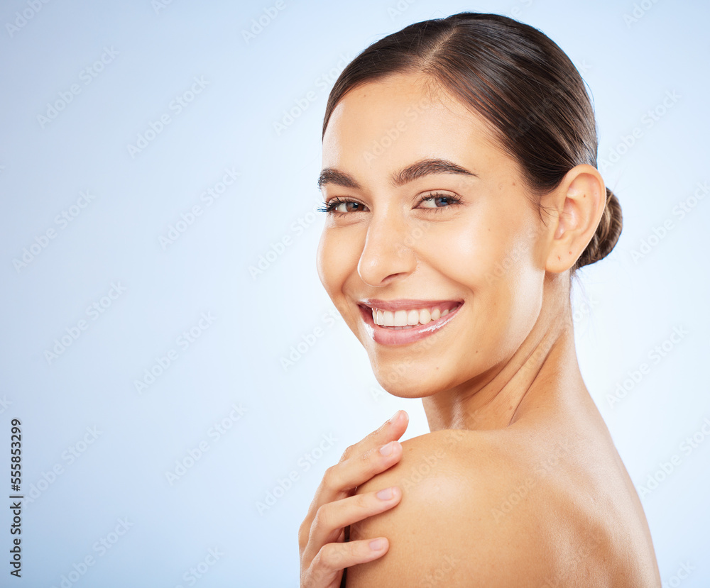 Canvas Prints Portrait, skincare and beauty with a model woman in studio on a gray background for natural treatment. Face, wellness and luxury with an attractive young female posing to promote a skin care product