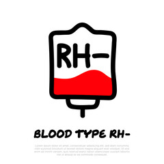 Blood bag with plasma. Doodle thin line icon. Blood donation. Blood type RH-. Vector illustration.