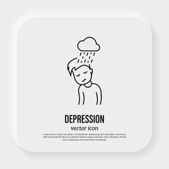 Depression, neurosis, emotional burnout, sad man with rain sign. Negative emotion. Post-covid syndrome. Thin line icon. Vector illustration.