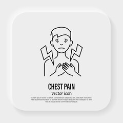 Chest pain thin line icon. Man touching his chest. Heart attack. Post covid syndrome. Vector illustration.