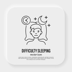 Insomnia: tired man lying on pillow, sleepless, depression, stress. Thin line icon. Vector illustration.