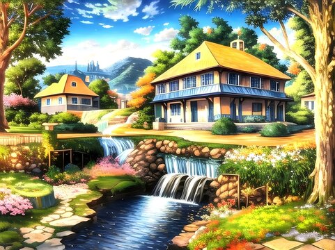 Garden in the park. A beautiful house with a wonderful garden. Beautiful illustration of landscape painting.