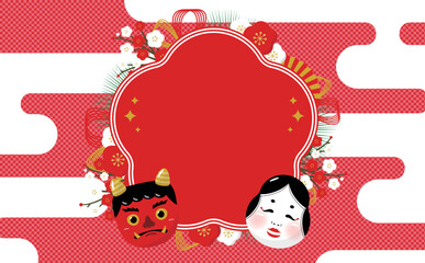 赤鬼・おたふく・梅の節分の日のベクターフレームイラスト_赤_文字なし