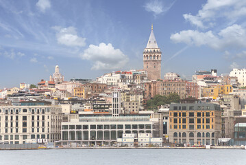 Fototapeta na wymiar City view of Istanbul skyline, Turkey, from the Bosporous with Galata Tower in the far end 