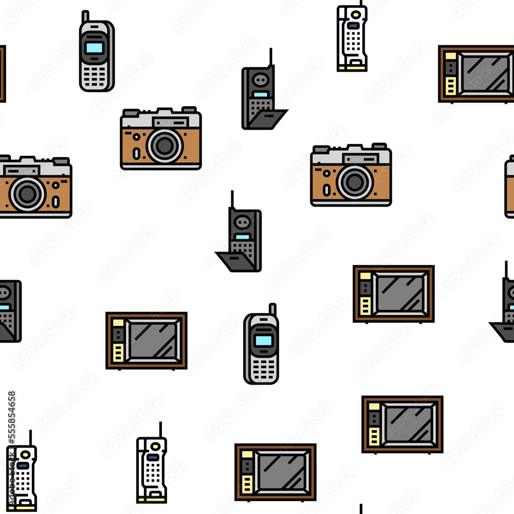 Poster retro gadget technology device vector seamless pattern thin line illustration