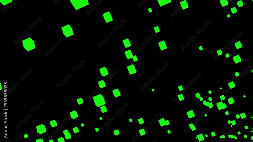 Poster squares pulsate in stream. design. colored 3d squares fly on black background. stream of virtual 3d 