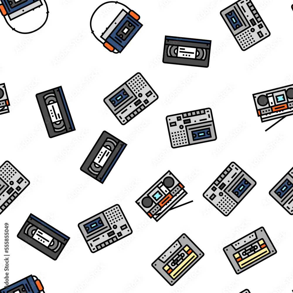Poster retro gadget technology device vector seamless pattern thin line illustration