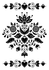 Swedish folk art vector greeting card or invitation design with birds and floral motif, black and white pattern inspired by the traditional Scandinavian art
