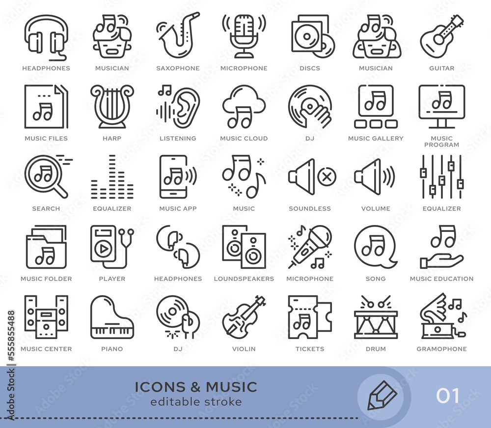 Fototapete Set of conceptual icons. Vector icons in flat linear style for web sites, applications and other graphic resources. Set from the series - Music and Musical instruments. Editable stroke icon.