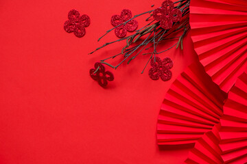 Chinese New Year 2023 .Decor pattern fan on red background. Red paper fans .Lunar New Year banner template.  Lunar New Year,chinese banner