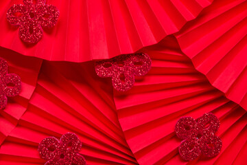 Chinese New Year 2023 .Decor pattern fan on red background. Red paper fans .Lunar New Year banner...