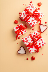 Saint Valentine's Day concept. Top view vertical photo of gift boxes with ribbon bows heart shaped candies candles and sprinkles on isolated light beige background