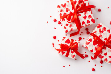 Valentine's Day concept. Top view photo of present boxes with red ribbon bows and heart shaped sprinkles on isolated white background with copyspace