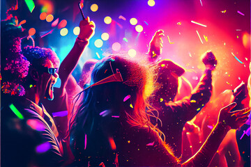 Fototapeta na wymiar New Year's Eve party background, pop color, group of people dancing and joyful, countdown, neural network generated art. Digitally painting, generated image. Not based on any actual scene or pattern