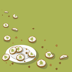 Christmas cookies on a plate on a green background with a place for text. New Year's theme. Bitten cookies with Christmas tree patterns. background with crumbs. vector illustration for printing texts.