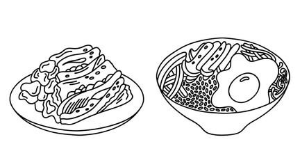 Bibimbap and kimchi. Korean food. Vector outline set.