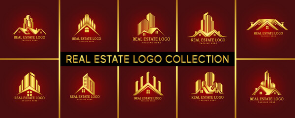 Real Estate gold Logo Set ,Creative House Logo Collection , Abstract Buildings Logo Set