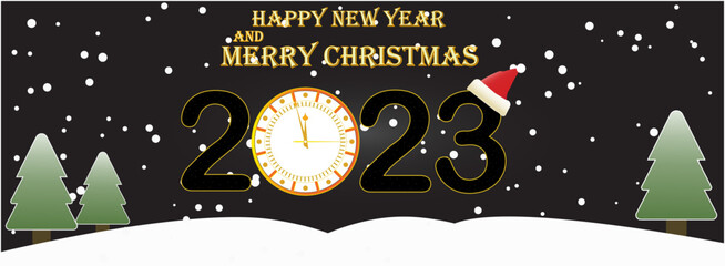 Happy new year 2023 and Merry Christmas background. Luxury background with christmas trees and snow falling. Vector graphic