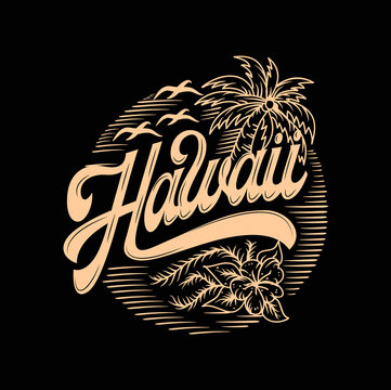 Hawaii Beach holiday background with palms Line Art