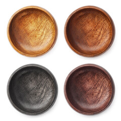 Set of empty wooden bowls, isolated on white background, view from above