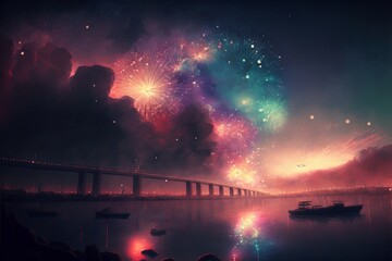 fireworks above bridge, generative ai composite