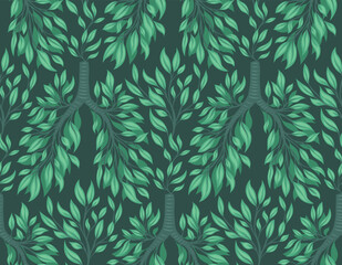 Seamless pattern with human lungs from leaves and branches on dark green background. Clean natural air. Save the earth