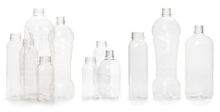 selection of quality photo collage of many different empty plastic bottles isolated on white background. production of new containers